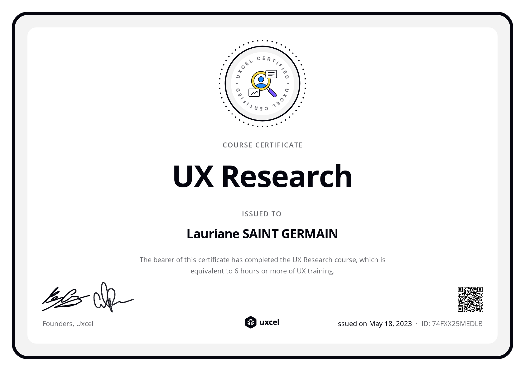 Lauriane SAINT GERMAIN's certificate